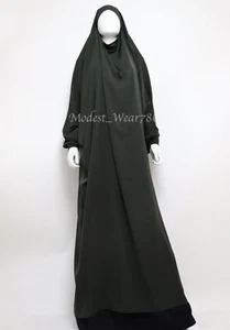 One Piece Full Length Jilbab  Overhead Khimar Slip On Muslim Headwear Deep Olive - Picture 1 of 6