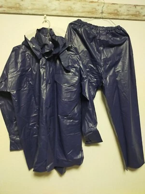 Retro Japan navy vinyl rainsuits jacket and pants PVC - Image 1 of 4