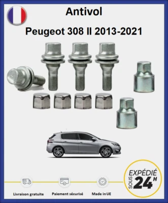 FARAD Ecrous antivol de roues Peugeot 308 2007-2013 (4 écrous + 2 clefs + 4 caches)