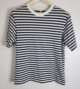 Mens Uniqlo T-Shirt Oversized Striped Crew Neck Tee - Navy White Size Medium - Picture 1 of 6