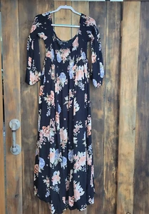 Torrid Floral Smocked Maxi Dress Size 1X Off Shoulder Flare Bell Sleeve Black - Picture 1 of 14