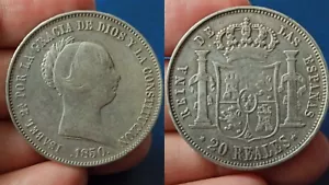 1850 Isabel 20 Reales .9 Silver Coin KM#593.2 Keydate - Picture 1 of 3