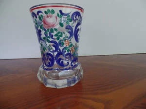 Bohemian Harrach Tumbler Hand Painted Pink Roses Blue Scrolls Cut Base - Picture 1 of 7