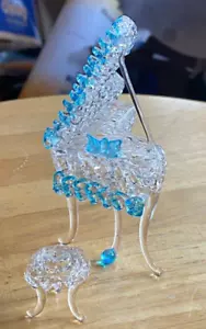 Vintage Spun/Blown Glass Baby Grand Piano Figurine with Glass Stool-Blue/Clear - Picture 1 of 6