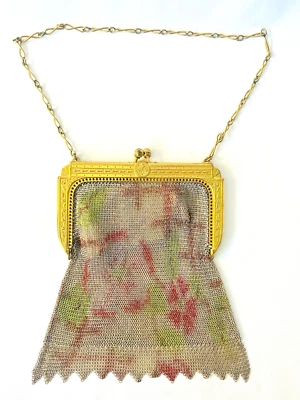 复古 Whiting & Davis 网眼银色金色彩绘图案 Flapper 钱包 1920 — 第 1/4 张图片