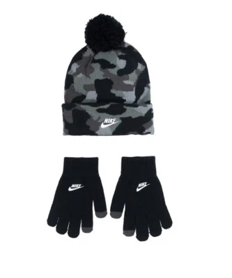 Nike Jóvenes Niños TEJIDO SUAVE ELÁSTICO Pom Gorro Sombrero y Guantes Conjunto Camuflaje Negro Unisex Foto 1 de 4