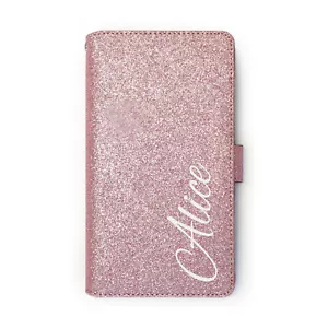 Personalised White Name On Rose Pink PU Leather Glitter Wallet Phone Case - Picture 1 of 6