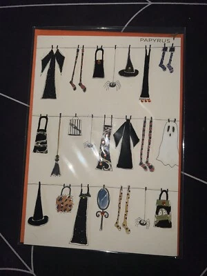 Tarjeta de papiro Halloween bruja sombrero escoba ropa Foto 1 de 2