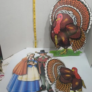 Vtg Diecut Turkeys Pilgrims 1970s, Thanksgiving Window Wall Decorations Kitschy - Picture 1 of 13