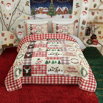 Juego de edredones de Navidad tamaño king - Ropa de cama a cuadros con renos y mosquitos de nieve Foto 1 de 4