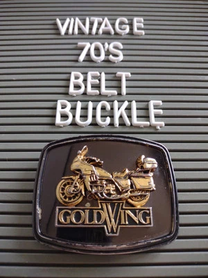 Hebilla de cinturón vintage años 70 Honda ala dorada motocicleta promoción Raintree dorado y negro Foto 1 de 4