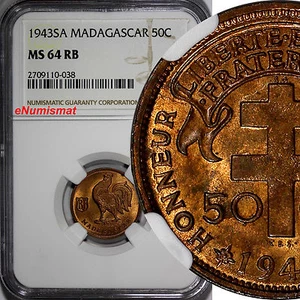 Madagaskar Französische Kolonie 1943-SA 50 Centimes NGC MS64 RB Hahn KM# 1 (038) - Bild 1 von 4