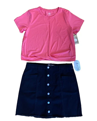 NEW girl 14-16 PLUS black denim skirt adjustable waist & pink twist front tee - Image 1 of 4