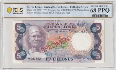Sierra Leone 5 Leones 1979 Specimen PCGS Banknote Certified UNC 68 PPQ Pick CS2 - Image 1 of 2