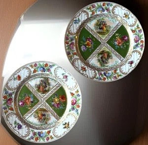 2 Vtg Carl Schumann Bavaria Green Panel Plates Quatrefoil Dresdner Art 8.25" - Picture 1 of 7