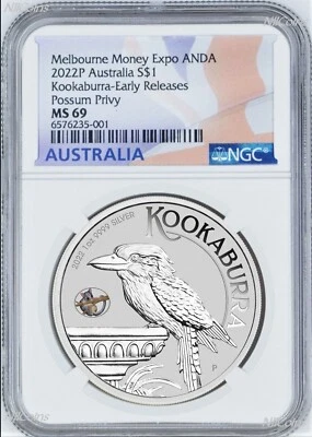 2022 Kookaburra 1oz Silver $1 Coin Possum Privy Melbourne Expo NGC MS69 ANDA ER - Image 1 of 2