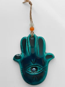 Handmade Ceramic Hamsa Wall Hanging with Evil Eye Bead, Small Fatima's Hand - Picture 1 of 8