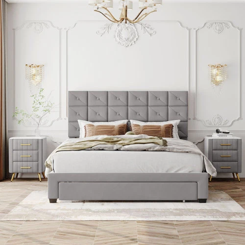 3 PCS Bedroom Sets Platform Bed and 2 Nightstands Queen Modern Bedroom Furniture - Image 1 of 4