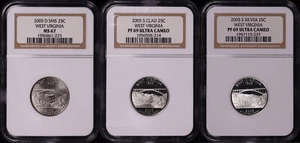 2005-D&S SMS, Clad, & Silver West Virginia State Quarter Set NGC MS-67 & PF-69UC - Picture 1 of 2
