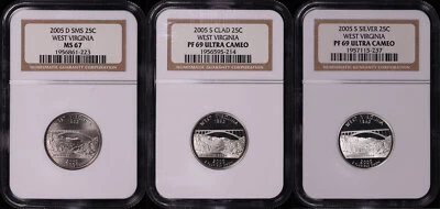 2005-D&S SMS, Clad, & Silver West Virginia State Quarter Set NGC MS-67 & PF-69UC - Image 1 of 2