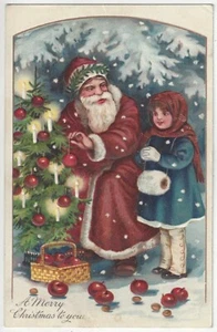 1908 Navidad SANTA CLAUS en Vestido Marrón Ayuda al Niño a Decorar Árboles, Postal Antigua - Imagen 1 de 2