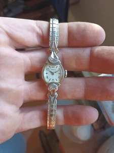 Benrus White Rgp Case Running Ladies White Stones Wristwatch - Picture 1 of 11