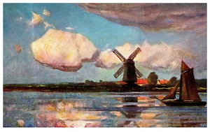 Windmill Sailboat Art Foreign Vintage Postcard - Picture 1 of 3