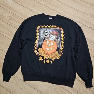 Vintage 90s Halloween Pumpkin Crewneck Sweatshirt Black Jack-o-Latern Adult XL - Picture 1 of 4