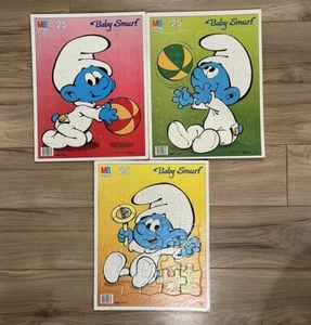 Vintage 1984 MB Frame Tray Puzzle Lot of 3 Baby Smurf - Picture 1 of 20