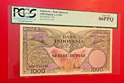 INDONESIA BANK INDONESIA 1000 RUPIAH 1959 PCGS GEM NEW 66PPQ - Image 1 of 2