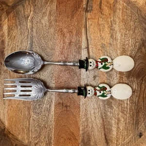 2 Saints Snowmen Serving Fork And Spoon Set - Picture 1 of 10