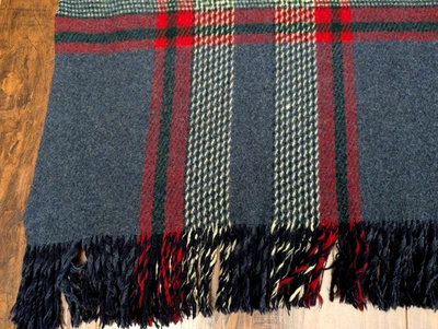 Manta de Estadio Vintage XL Tartán a Cuadros Lana 58" X 72" Flecos Azul Rojo Foto 1 de 4
