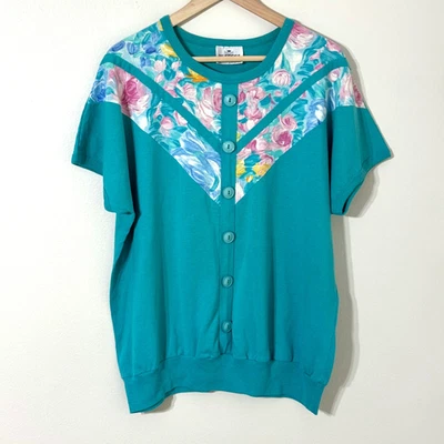 复古 80 年代 YSsport Youngstuff 水绿色花卉运动衫 水彩 Dolman 按钮正面 — 第 1/4 张图片