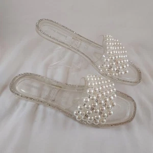 STEVE MADDEN Woman's Size 10 JULIET Clear Slide Sandal with Pearls Rhinestones - Picture 1 of 13