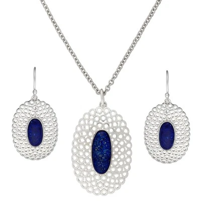Silverly Set Orecchini e Collana Argento 925 Blu Lapislazzuli Ovali Lunghi - Immagine 1 di 3