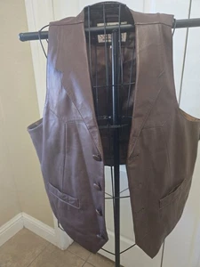 Vtg 90s Saguaro West Vest Size Large Brown Leather Western Cowboy Button Front - Picture 1 of 6