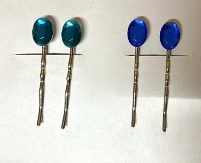 2x Bobby Pin sets- GLASS STONE ACCENT- OVAL BLUE  and TEAL GREEN FACETED STONES - Image 1 of 4
