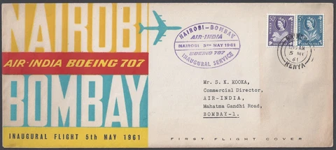 KENYA INDIA 1953 FIRST FLIGHT ON AIR INDIA BOEING 707 NAIROBI TO BOMBAY Cover