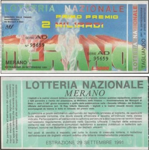 BIGLIETTO LOTTERIA DI MERANO 1991 + TAGLIANDO "PERFETTO" - Picture 1 of 1
