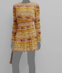 Jason Wu Women's Yellow Silk Tie-Dye Smocked Jewel Neck A-Line Dress Size 8 - Picture 1 of 4