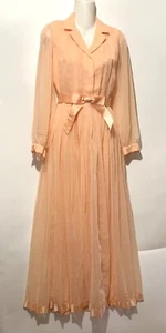 Vintage Martinique Fashion Peach Chiffon Long Sleeve Collared Belt Gown Dress - Picture 1 of 9