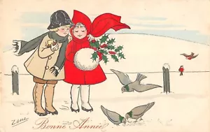 Old postcard illustrator / children in the snow / happy new year - Picture 1 of 1