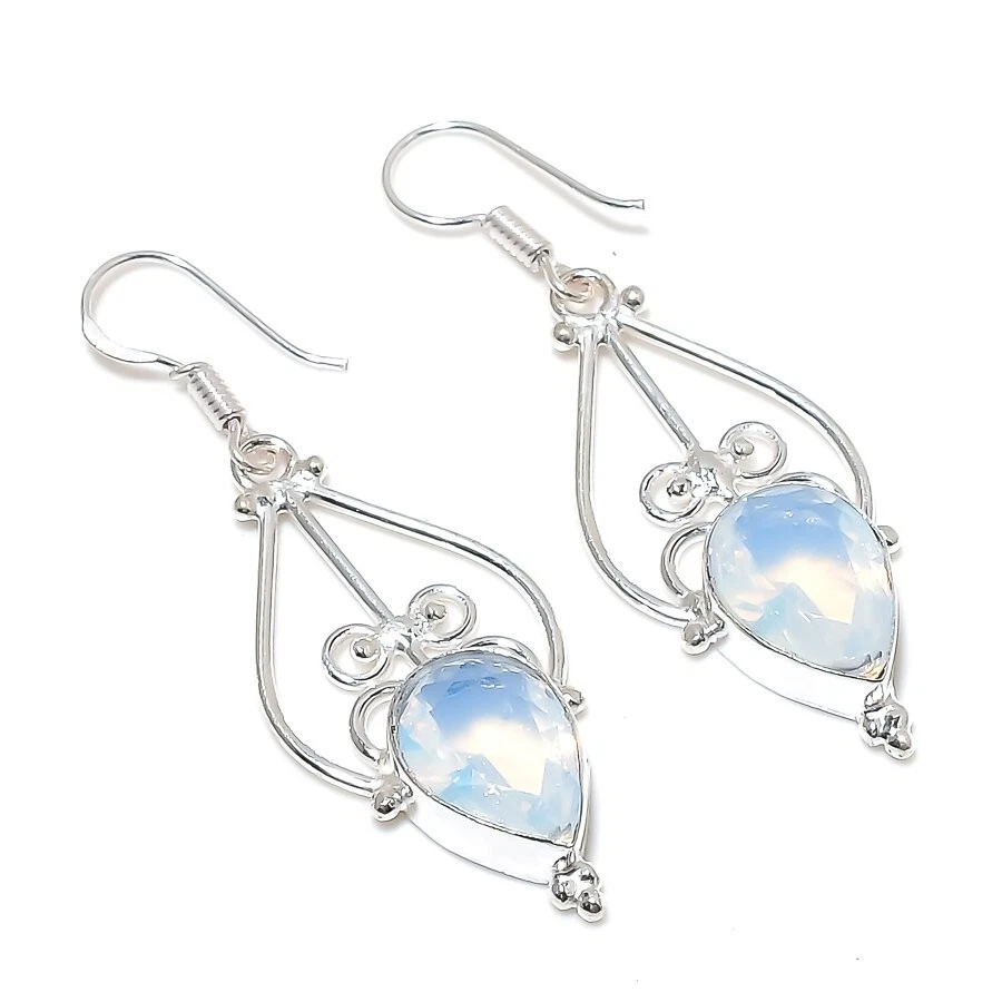 Fire Opal Gemstone Handmade 925 Sterling Silver Jewelry Earring Sz 1.7'' - Image 1 of 1