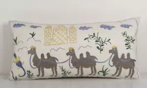 Uzbek Traditional Pastel Suzani Pillow Case, Decorative Camel Couch Cushion - Picture 1 of 4