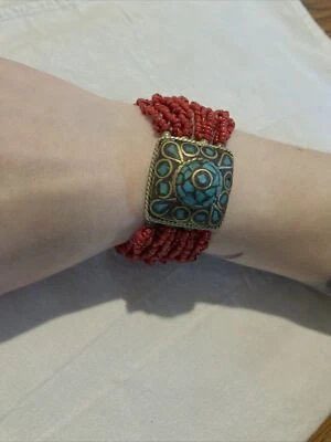 ЛАТУНЬ с бирюзой и красной яшмой бисером ссылка браслет 7-1/4" - Изображение 1 из 3