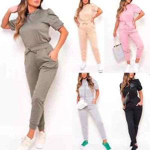 Ladies Tracksuit Loungewear Ruched Womens Short Sleeve Boxy Trouser Jog Puff Set - Picture 1 of 7