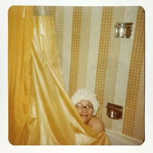 Hiding Behind Shower Curtain Photo 1970s Old Woman Lady Showering Snapshot A2831 - Picture 1 of 2