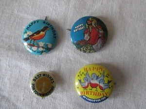 LOT of 4 Vintage Religious Happy Birthday 1950's-60's Metal Pinback Buttons - Picture 1 of 10