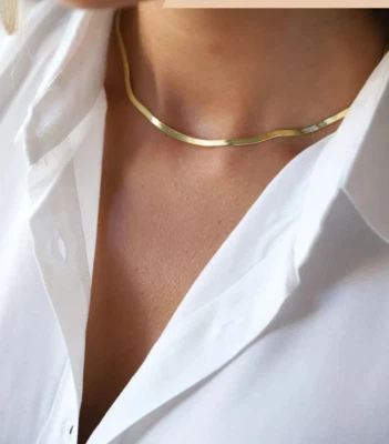 Gold Tone Herringbone 3.5mm Chain Necklace Flat Chain in Sterling Silver 20"in - Image 1 of 4