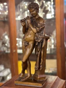 Antique French Bronze By Barbedienne Young Marsyas Playing Flute 19th C - Picture 1 of 10